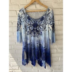 Patchington Blue Size Small Multi Print Asymmetrical‎ Long Sleeve Blouse